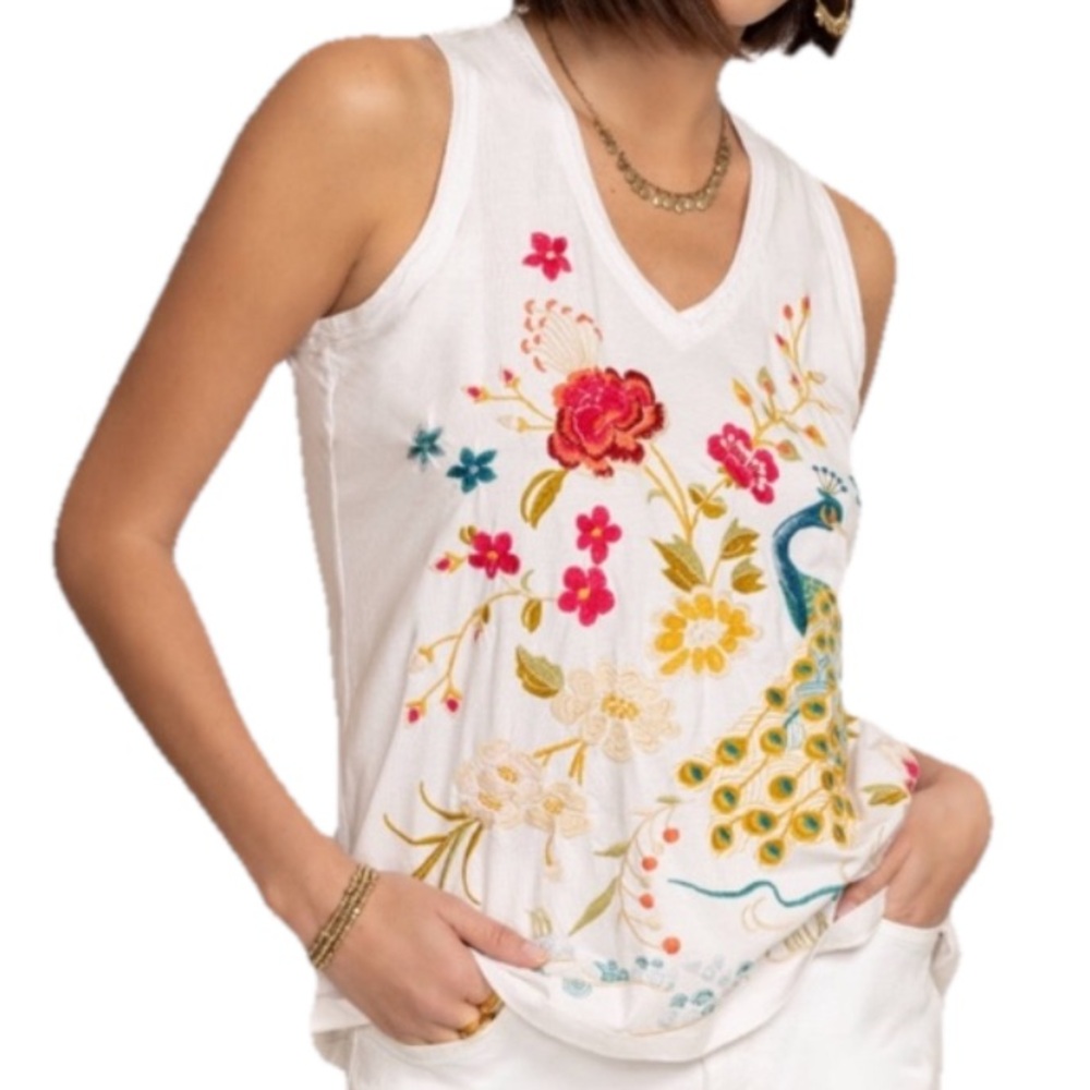 JOHNNY WAS Raw Edge V-Neck Tank "Celina" Peacock Embroidered Size L